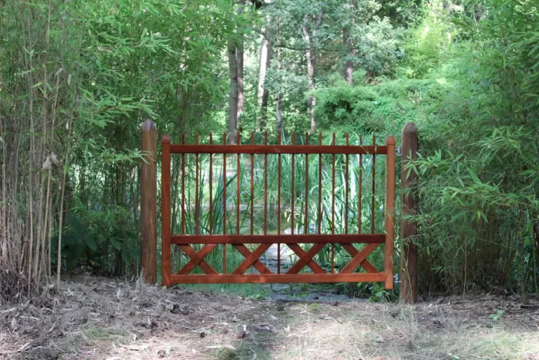 Une porte en bois au milieu d'une forêt.