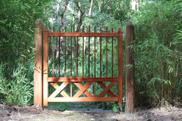 Une porte en bois au milieu d'une forêt.